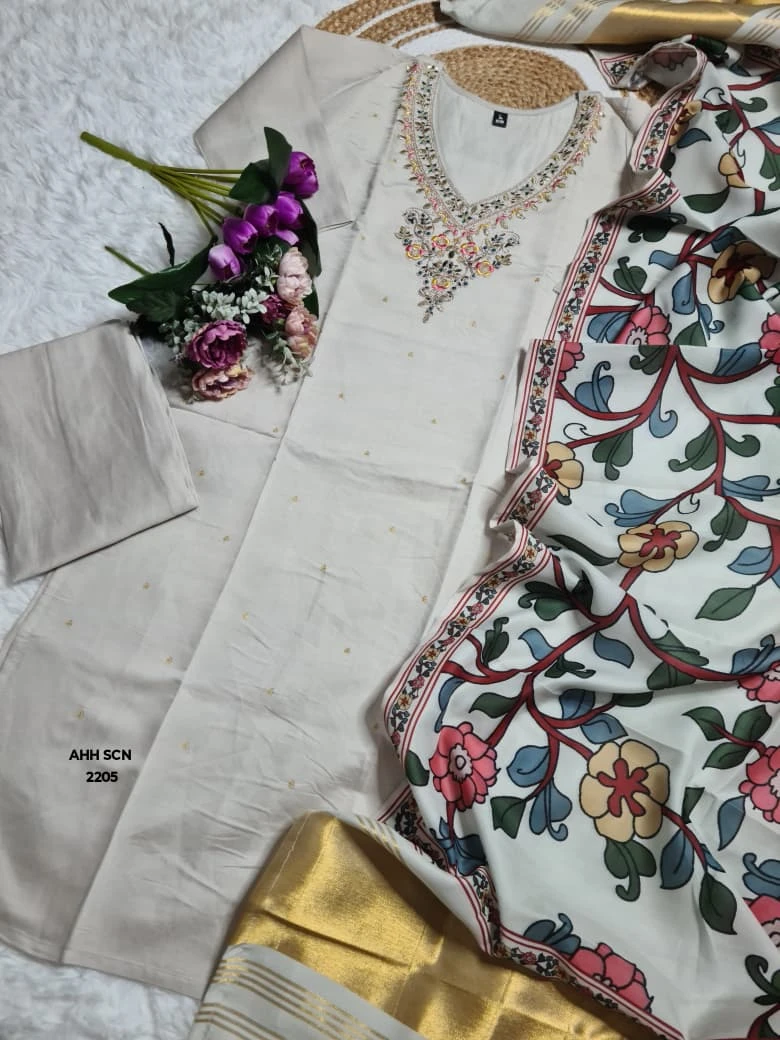 Off-White Premium Roman Silk V-Neck Straight Kurta with  Floral Embroidery Yoke